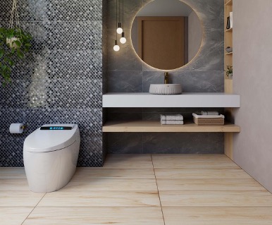 Baño moderno con mosaicos grises, lavabo minimalista y sanitario inteligente, ejemplo de diseño equilibrado y elegante.